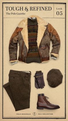 Vintage Fall/Winter Outfit Vintage Winter Outfits Men, Mens Clothing Styles Rugged, Rugged Gentleman Style, Shearling Jacket Outfit, Outdoorsmen Style, Gentleman Mode, Estilo Hipster