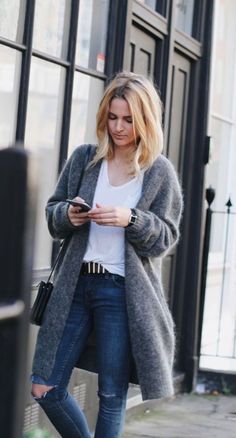 Pijamas Women, Outfit Cardigan, 일본 패션, Gray Coat, Style Casual Chic, Led Fashion, Maxi Cardigan, Fashion Blogger Style