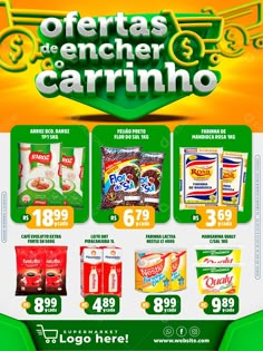 the flyer for an italian grocery store is shown in green and yellow colors, with prices on