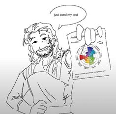 jesus holding up a color wheel with the words just add my test on it to describe