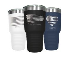 three stainless steel tumblers with an american flag and the words grant harrison written on them