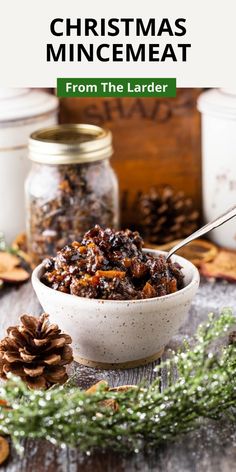 christmas mincemeat in a white bowl with a spoon