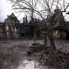 an old abandoned house with puddles of water in the foreground and bare trees