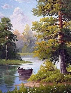 a painting of a boat in the water