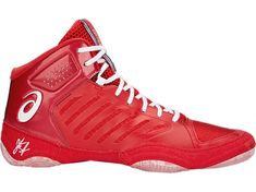 a red basketball shoe with white laces on the top and bottom part of it