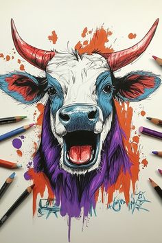 Colorful graffiti drawing of a cow with vibrant colors in purple, blue, and red, easy graffiti drawings animals. Animal Graffiti, Graffiti Ideas, Cow Design