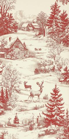 a red and white christmas wallpaper with reindeers in the snow near a cabin