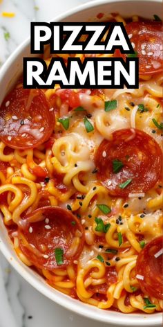 a white bowl filled with pasta and pepperoni