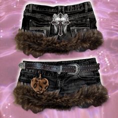 Y2K gyaru trashy apocalyptic faux fur trim micro skirt. Features leopard print keychain and wings, skulls, and cross design on the back. Reworked to order. Takes 2-3 weeks to ship.   *Does not include belt  Sizes XS-XL available (send me your measurements after ordering) ❗skirt colors will slightly vary. All orders are unique.  About 10 in length (can be made shorter/longer) Scene Skirts, Fur Mini Skirt, Crazy Clothes, Plastic Skirt, Y2k Gyaru, Mcbling Fashion, Fur Skirt, Trashy Outfits, Hime Gyaru