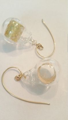 Glass Bubble  Statement  Earrings  - hand blown Pyrex gold scroll earrings Unique Gold Earrings With Variations, Gold Drop Earrings With Unique Variations, Unique Gold Glass Earrings, Gold Teardrop Glass Earrings, Clear Long Drop Earrings For Gift, Elegant Gold Glass Earrings, Formal Gold Glass Earrings, Gold Glass Dangle Jewelry, Gold Glass Earrings For Pierced Ears