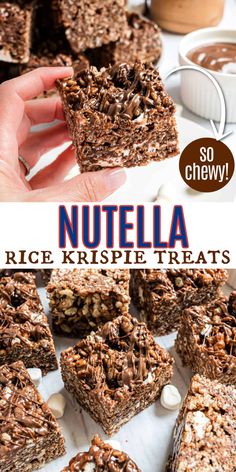 nutella rice krispy treats are stacked on top of each other with the title above it