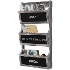 three tiered shelf with chalkboard signs on the front and back sides that say home, mail picop today at 2pmm, inbox