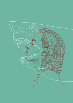 a drawing of two people facing each other and one has a shark's mouth