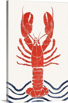 a red lobster on white background with blue water and waves in the bottom right corner