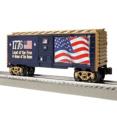 a toy train with an american flag painted on the side