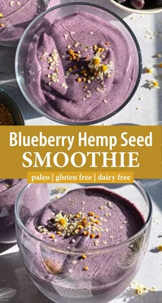 blueberry hemp seed smoothie in glass bowls