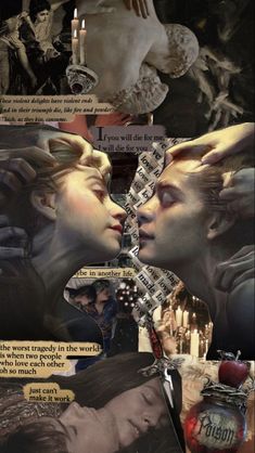 two women kissing each other in the middle of a collage with words on it