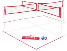 a red and white tennis net with two balls on it next to a marker board