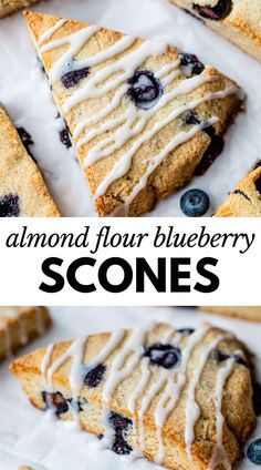 blueberry scones with white icing on top and the words almond flour blueberry scones