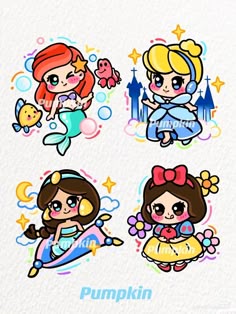 the little mermaid stickers are all in different styles and colors, including pink, blue,