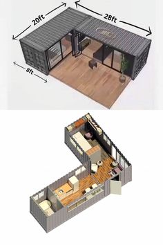 the floor plan for a shipping container home is shown in two different views, and shows how it's made