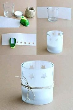 the instructions for making a candle holder with twine and paper stars on it are shown