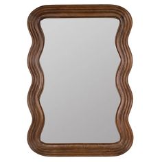 a wooden framed mirror with wavy design on the front and bottom edge, against a white background