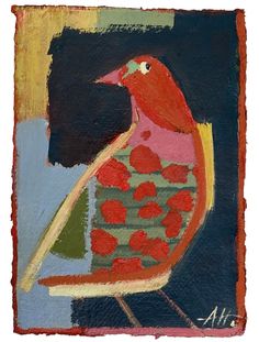 a painting of a red bird on a blue background