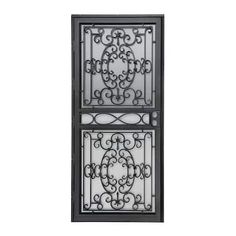 an iron door with decorative designs on the front and side panels, set against a white background