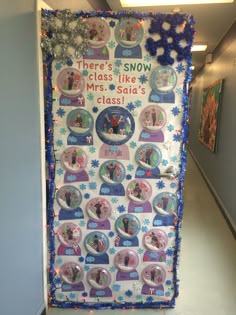 there is a door decorated with many different pictures and words in blue, white and pink