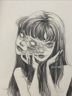 a pencil drawing of a girl holding her face