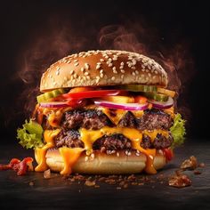 a hamburger with cheese, lettuce, tomato and pickles on it sitting on a black surface