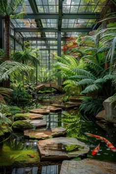 a pond surrounded by plants and rocks in a glass walled area with lots of greenery