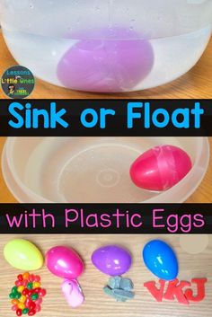 pink and purple plastic eggs in a bowl with the words sink or float