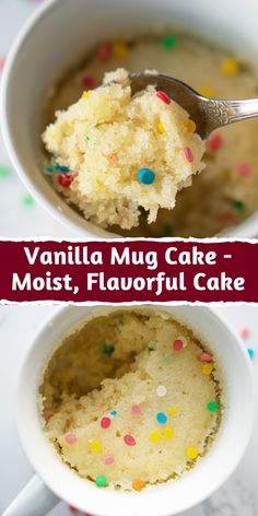 vanilla mug cake with frosting and sprinkles