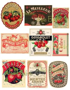 several different types of fruit labels are shown in this image, including apples and cherries