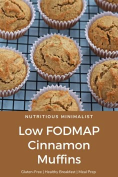 low fodmap cinnamon muffins on a cooling rack with text overlay