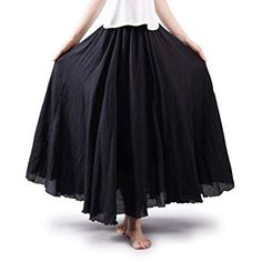 OCHENTA Women's Bohemian Elastic Waist Cotton Floor Length Skirt, Flowing Maxi Big Hem Black 105CM Gown Pattern, Maxi Skirt Dress, Womens Maxi Skirts, Long Skirts For Women, Linen Casual, Long Maxi Skirts, Pleated Maxi, Linen Skirt, Summer Skirts