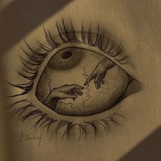 a pencil drawing of a hand reaching for something in the eye