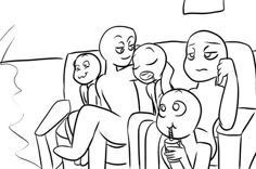 a group of people sitting on a couch with their faces drawn in black and white