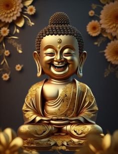 a golden buddha statue sitting on top of a table next to some yellow daisies