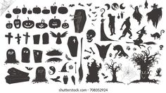 black and white halloween silhouettes with pumpkins, bats, tombstones, jack - o'- lanterns