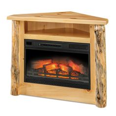 an electric fireplace with logs on the sides