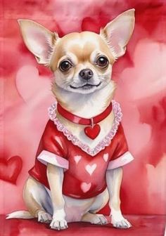 a painting of a chihuahua dog wearing a red shirt and heart - shaped collar sitting in front of a pink background