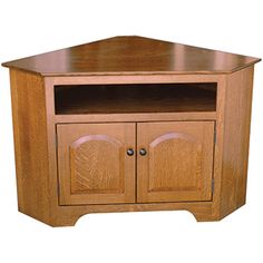 a wooden corner tv stand with two doors