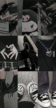 a collage of photos with black and white images, including an image of a guitar