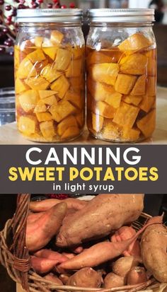 two jars filled with sweet potatoes sitting on top of a table next to each other