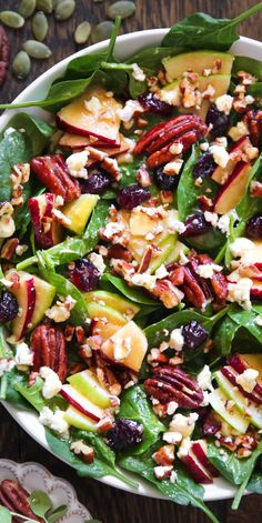 Apple Spinach Salad with Pecans, Cranberries, Goat Cheese, and homemade Maple-Lime Mustard Dressing in a white bowl. Pecan Salad Dressing, Spinach Goat Cheese Salad, Apple Spinach Salad, Salad With Pecans, Spinach Salad Recipes, Salad Dressing Recipe, Fresh Salad Recipes, Pecan Salad