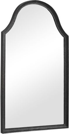 a mirror that is sitting on top of a wall with a black frame and an arched design