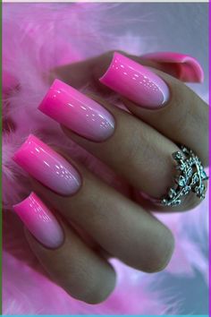 Gorgeous hot pink ombre nails square shaped long length, blending shades for a captivating and stylish look. Pink And White Umbra Nails, Nail Inspo Ombre Pink, Pink Ombre Nails Square, Square Nail Designs Pink, Hot Pink Ombre Nails, Ombre Nails Square, Pink Ombre Nail Designs, Lipsticks Aesthetic, Pink Ombré Nails